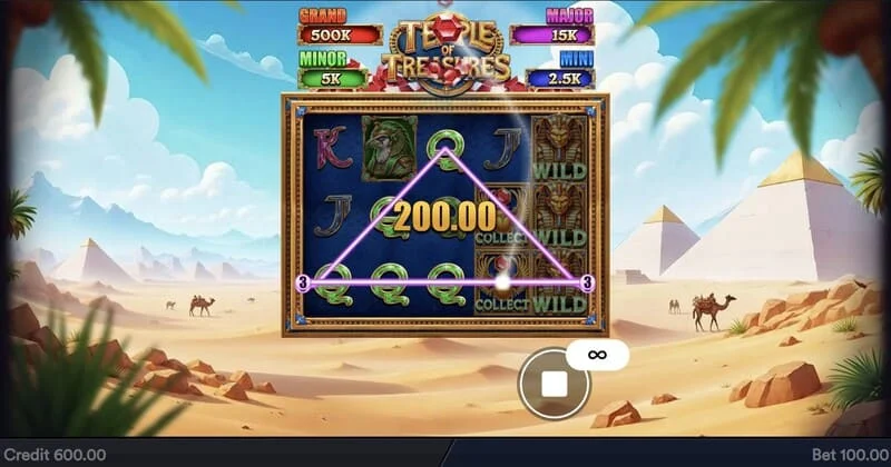 Temple of Treasures - hoofdscherm met rollen en een Egyptische setting